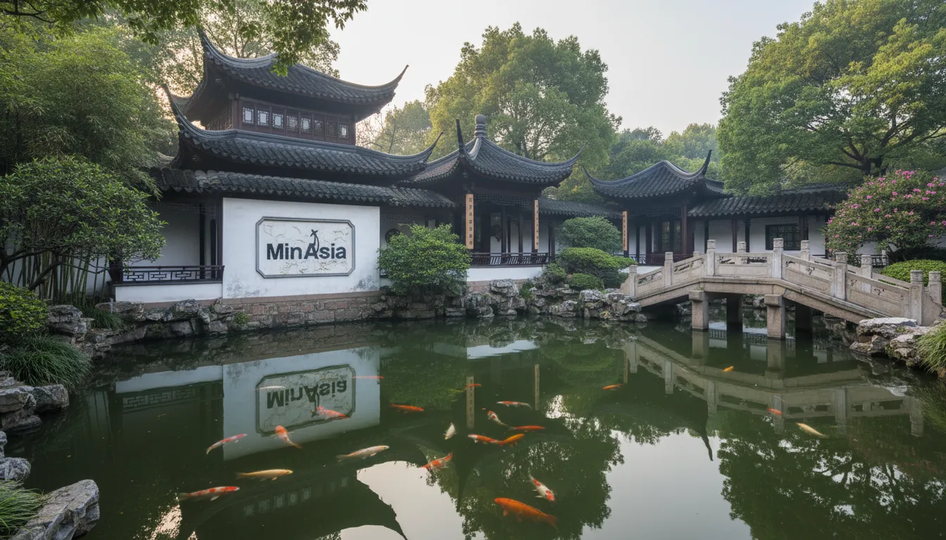 Vista serena do Jardim Yuyuan em Xangai China, com arquitetura chinesa tradicional e lago tranquilo.