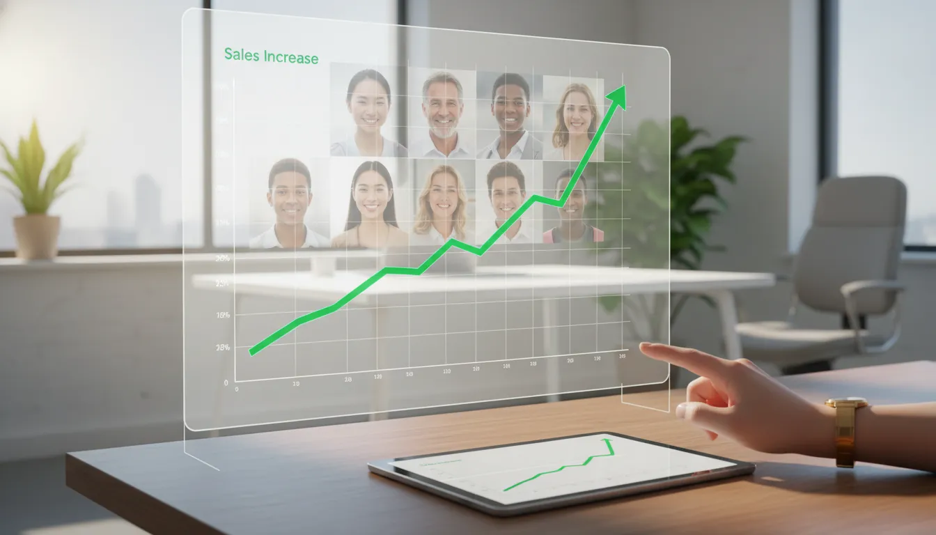 Gráfico de vendas em ascensão com clientes satisfeitos, evidenciando sucesso das campanhas de remarketing.