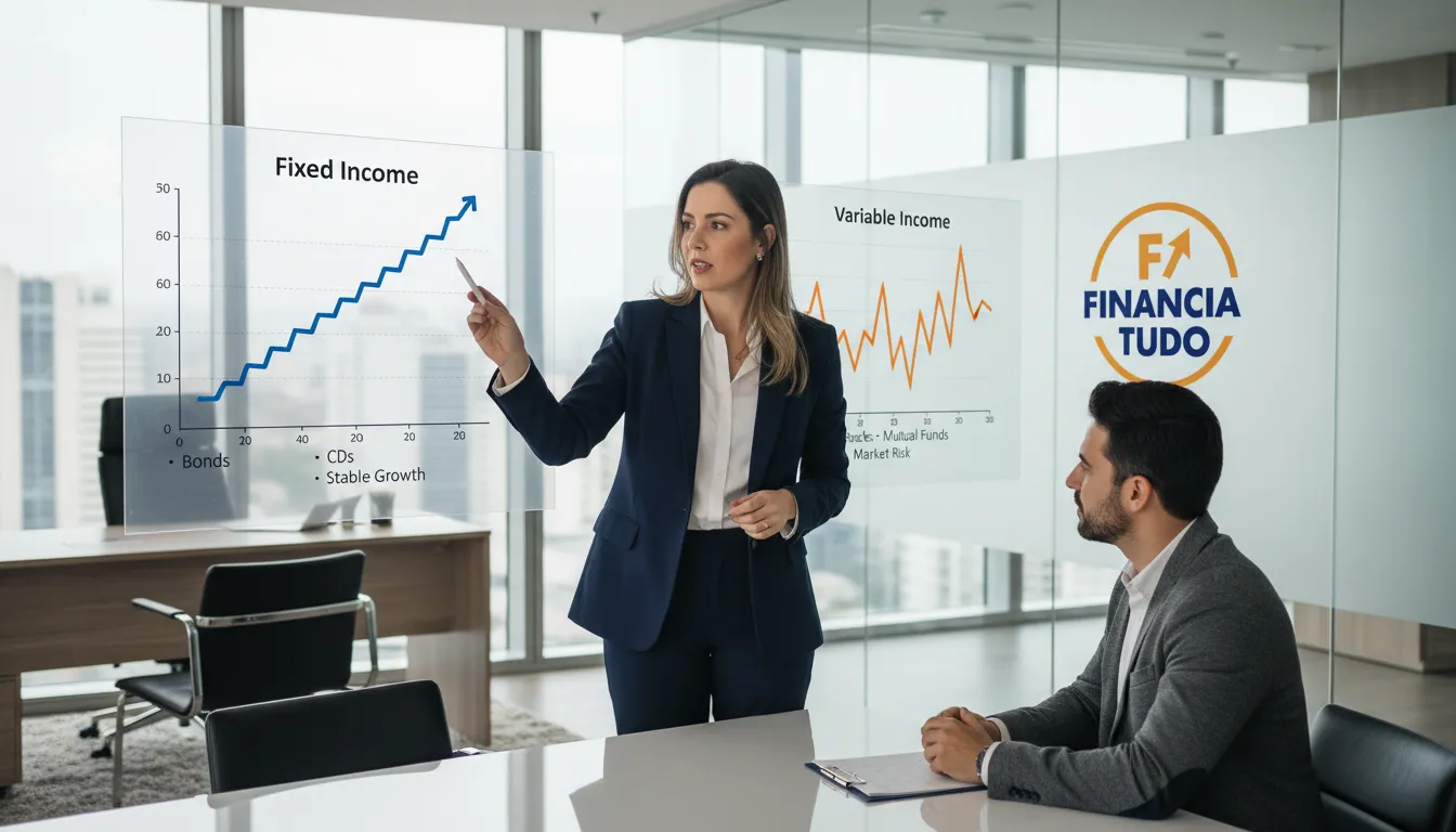 Consultor financeiro da Financia Tudo explicando as diferenças entre renda fixa e renda variável para um cliente.