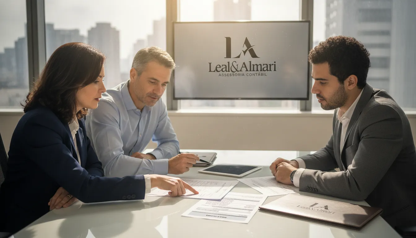 Equipe discutindo estratégia financeira e conformidade para emitir boleto como PJ, com assessoria contábil.