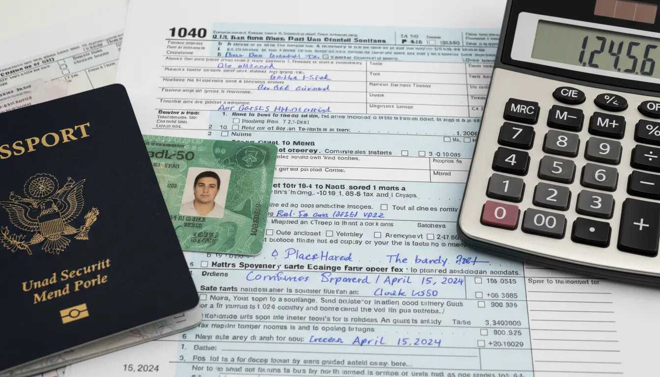 Formulário 1040 preenchido, com passaporte, visto e green card ao lado, destacando status fiscal dos EUA.