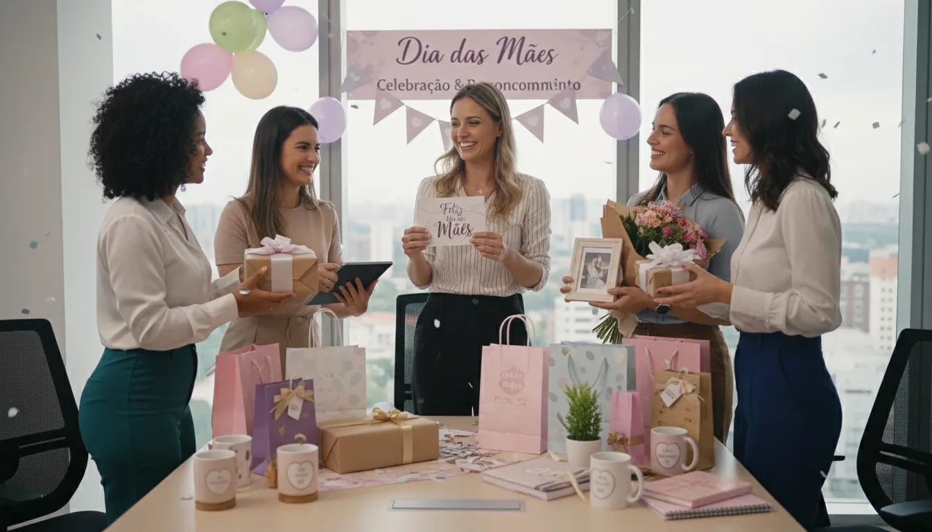 Colaboradoras recebem presentes personalizados em escritório no Dia das Mães.