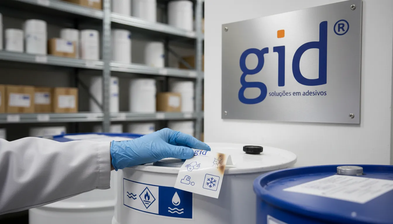 Rótulos para produtos químicos com materiais duráveis e adesivos personalizados, inspecionados em ambiente industrial.