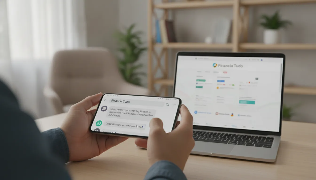 WhatsApp para afiliados de crédito: tela do celular exibe aprovação, laptop Financia Tudo ao fundo.