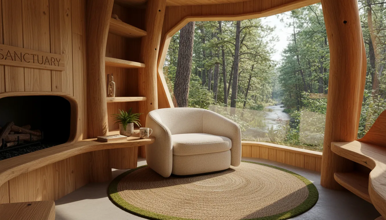 Interior de cabana com design diferenciado, acabamentos naturais e vista para o verde exuberante.