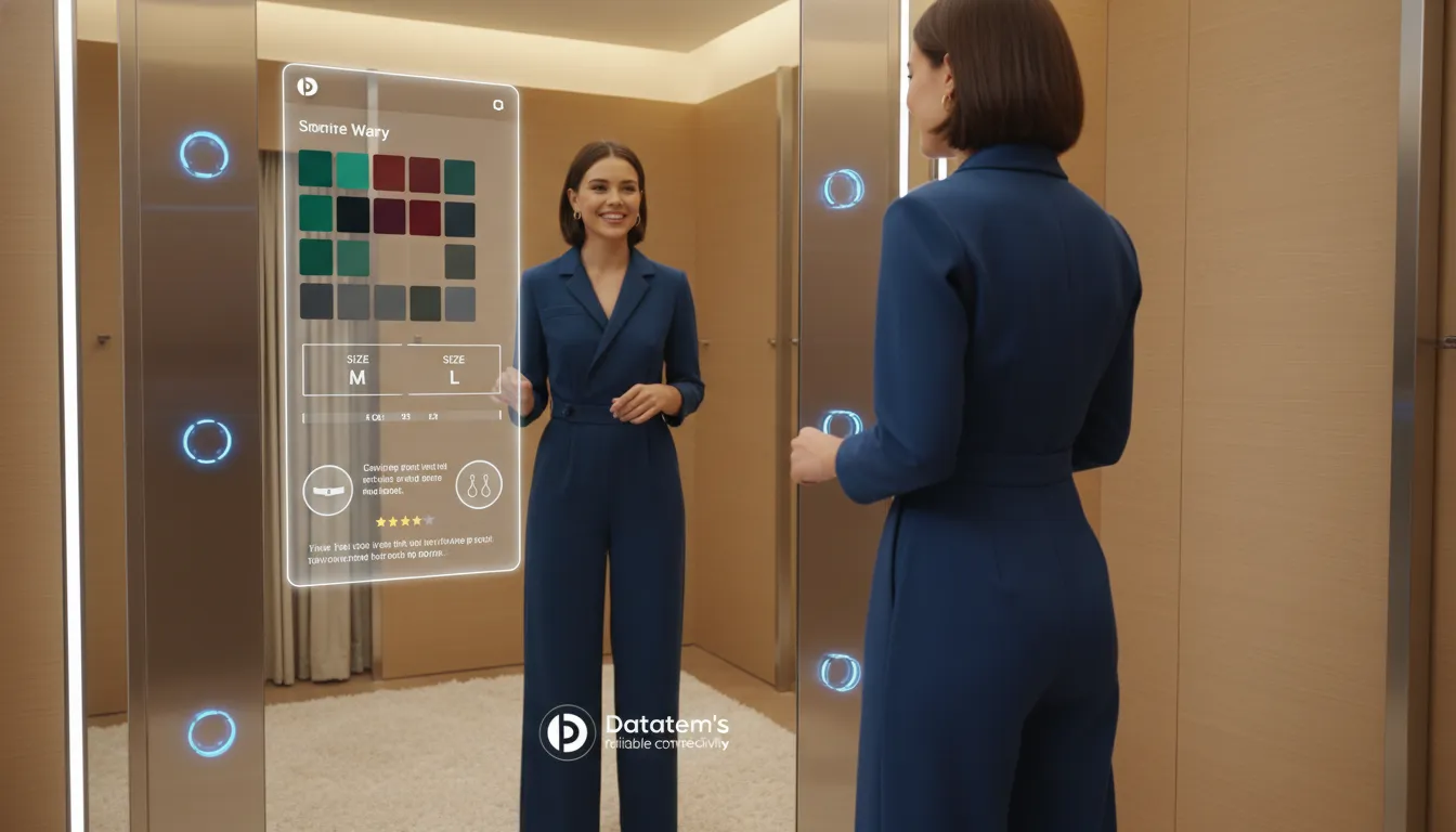 Varejo inteligente: Cliente experimenta roupa em provador inteligente com espelho interativo e sugestões.