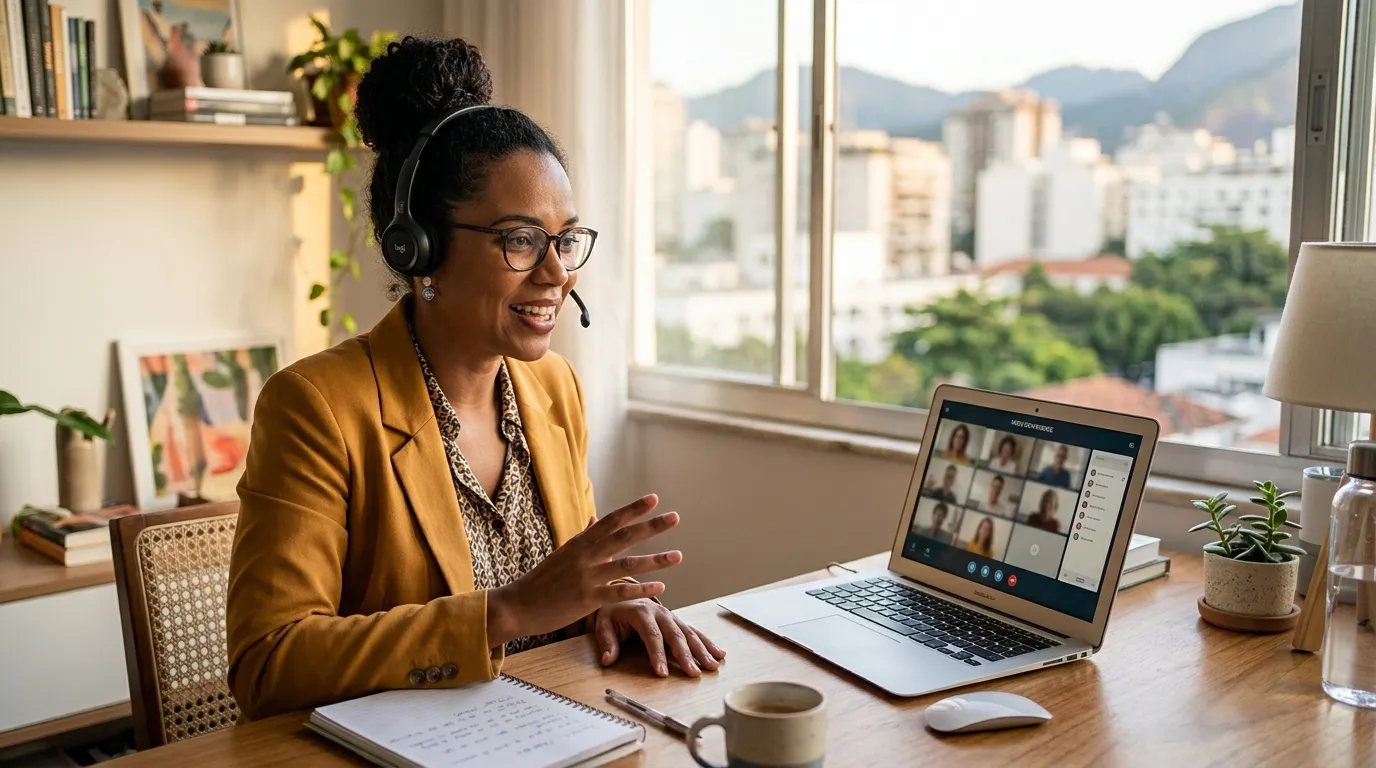 Reunião online durante trabalho remoto para empresa americana com foco profissional.