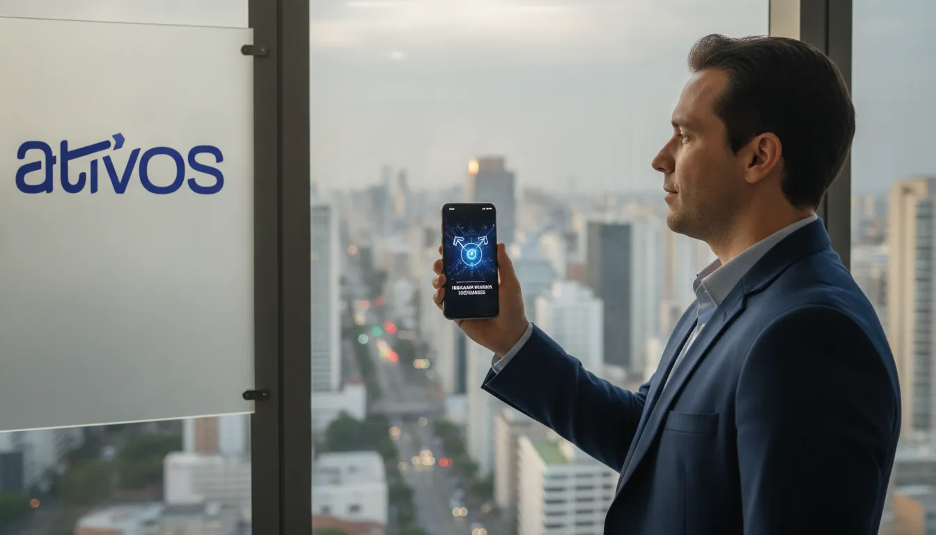 Pessoa olha cidade, segurando smartphone com app de precatórios, simbolizando liquidez imediata e Tabela de deságio de precatórios 2026.