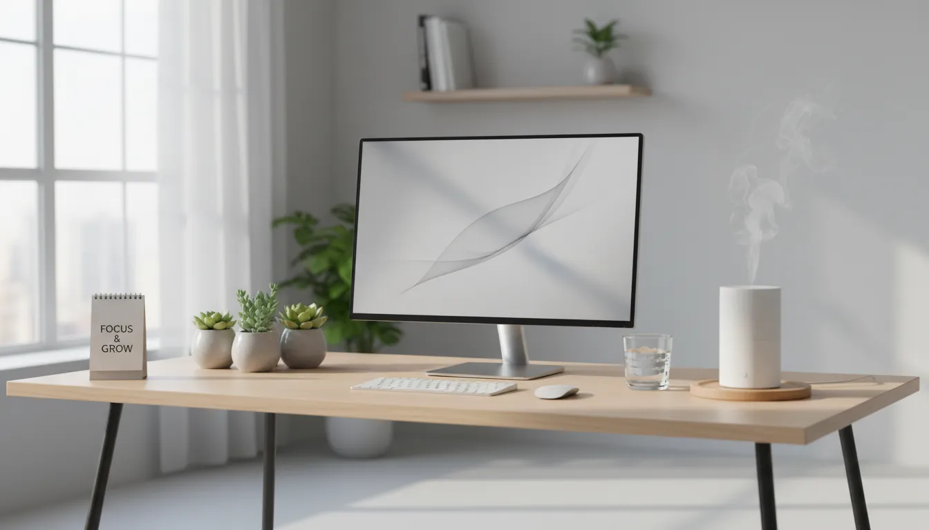 Mesa de trabalho organizada com plantas e difusor, sugerindo energia positiva no ambiente profissional.