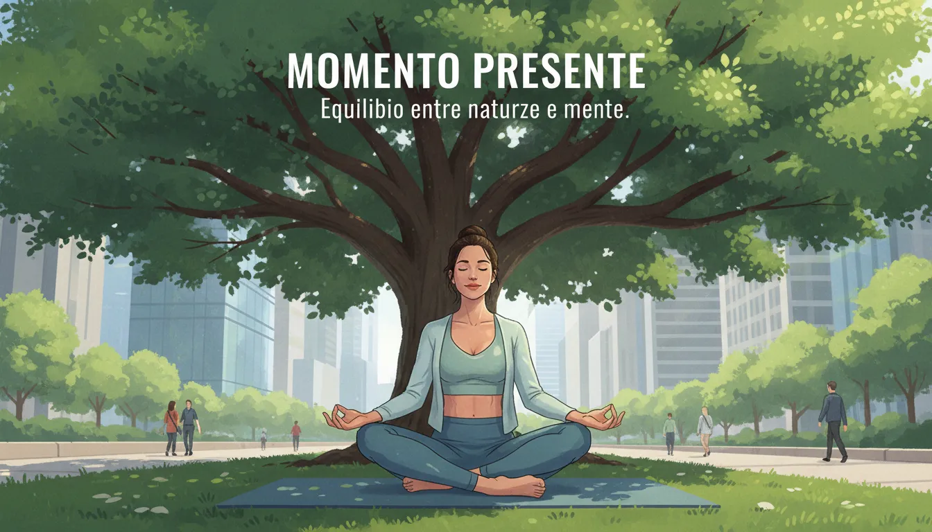 Mulher praticando mindfulness sozinha em parque urbano, representando equilíbrio entre corpo e mente em viagem.