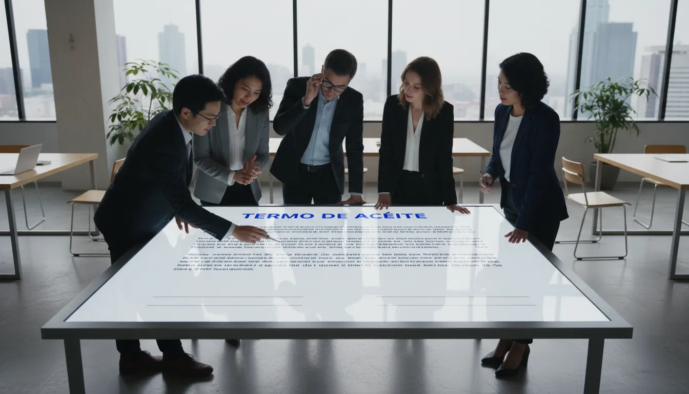 Equipe analisando um termo de aceite de proposta comercial em tela digital, representando a facilidade e o custo-benefício da SuperSign.