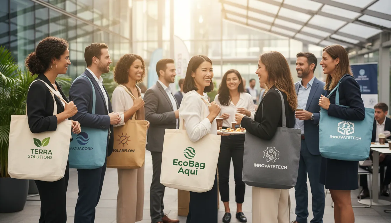 Profissionais diversos em evento corporativo exibindo ecobags personalizadas com diferentes logos, destacando o uso da ecobag personalizada como acessório moderno.