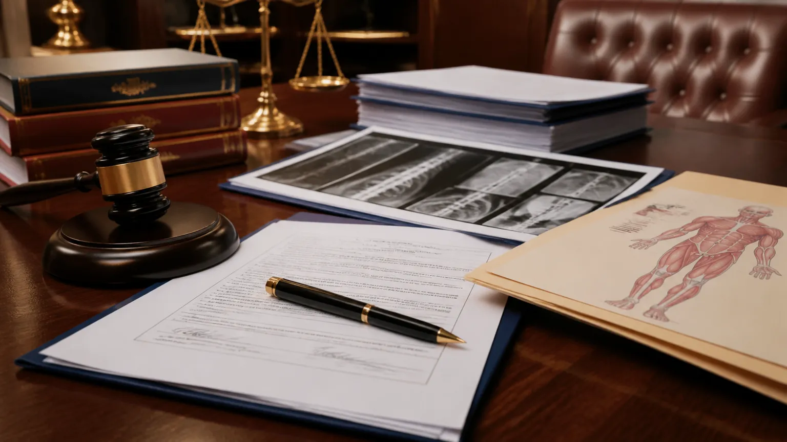 Documentos médicos e martelo jurídico para processo de liminar contra plano de saúde em Gaspar.