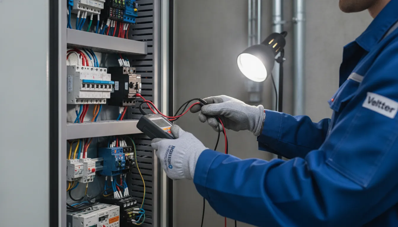 Mãos de técnico Veltter realizam manutenção de subestação industrial, detalhe em painel elétrico. Precisão e cuidado.