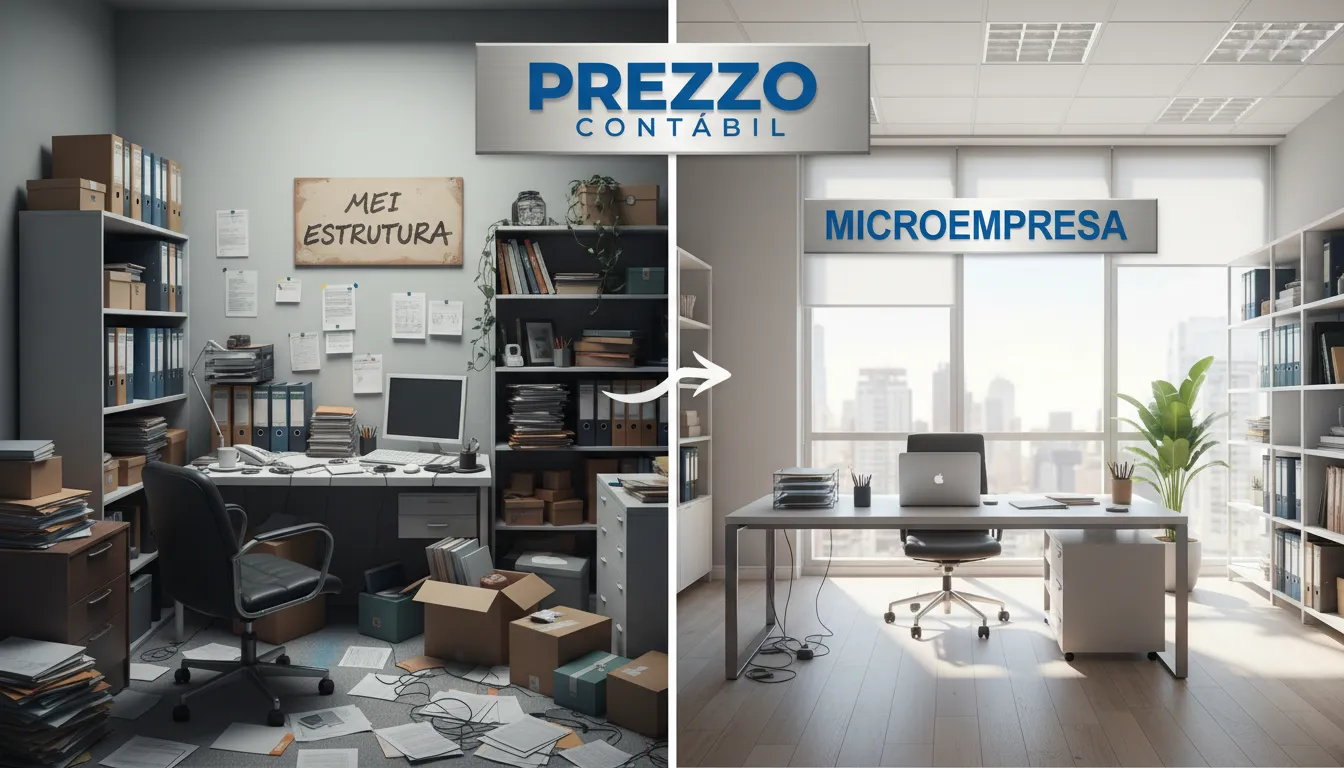 Comparativo visual entre a estrutura MEI e a Microempresa, simbolizando a transição e o desenquadramento MEI, com o apoio da Prezzo Contábil.
