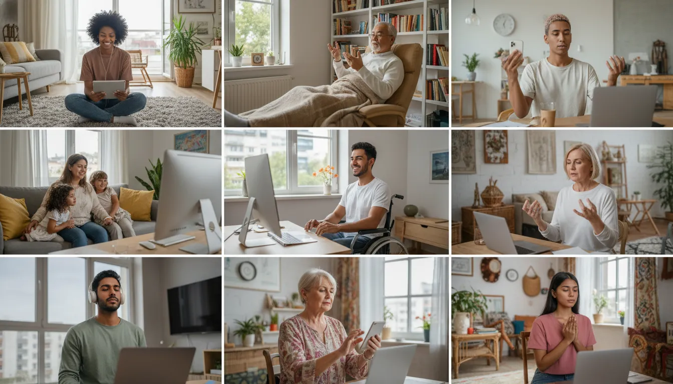Diversas pessoas se beneficiando da terapia energética apométrica online, demonstrando acessibilidade e inclusão no tratamento.