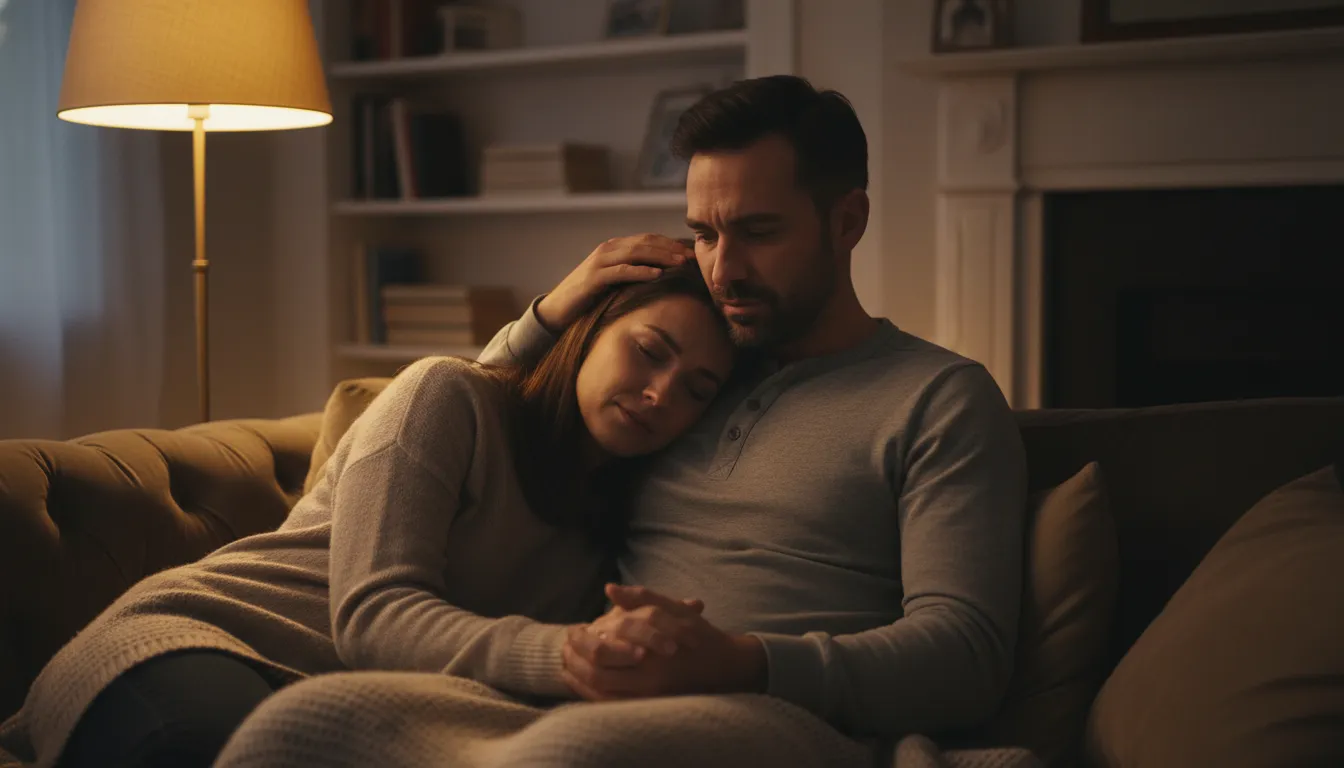 Casal abraçado em casa, compartilhando a dor da perda gestacional, buscando apoio mútuo e conforto emocional.