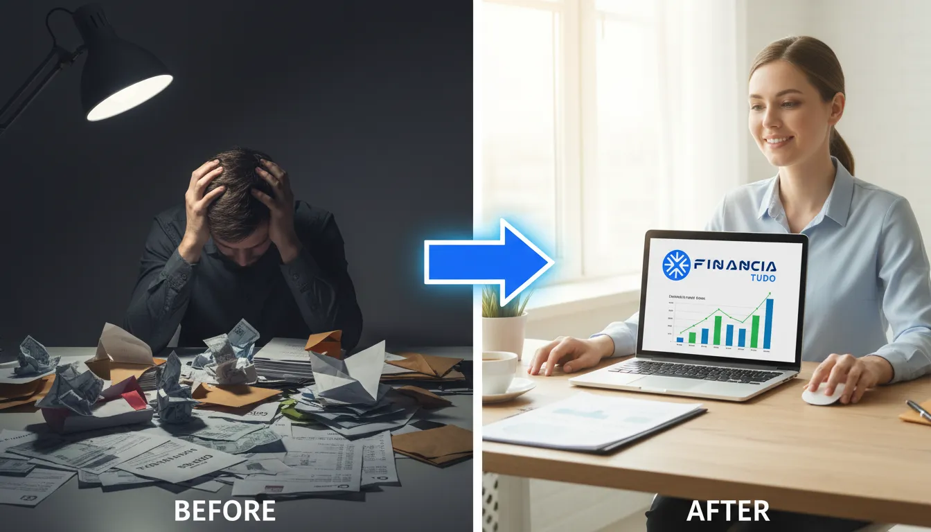 Comparativo visual entre dívidas altas e a organização financeira ao reduzir parcelas de financiamento existente com a Financia Tudo.