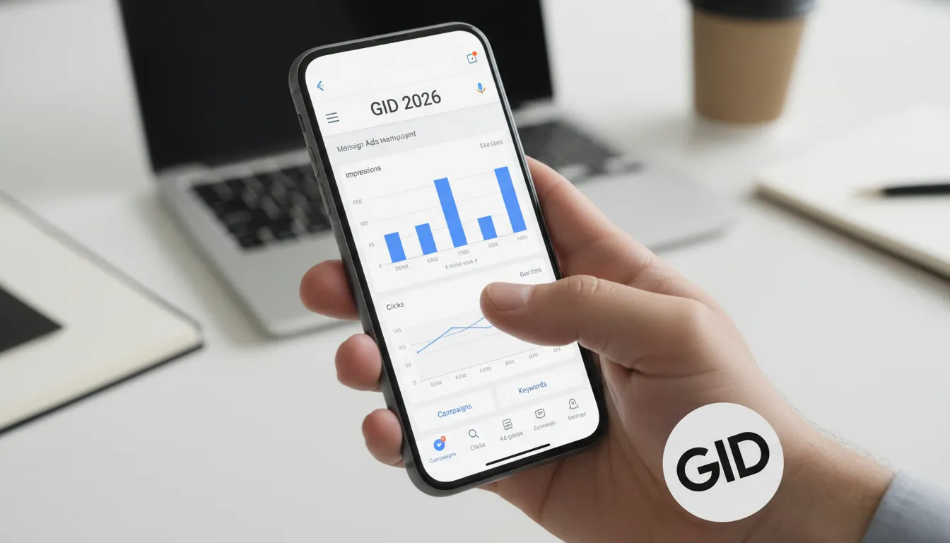 Campanha de google ads como funciona sendo gerenciada em um smartphone, com foco nas métricas de desempenho. Adesivo da GID visível.