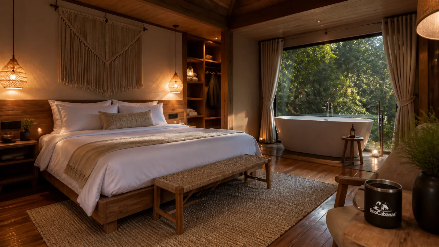 Interior sofisticado de glamping de luxo com cama king e banheira com vista panorâmica.