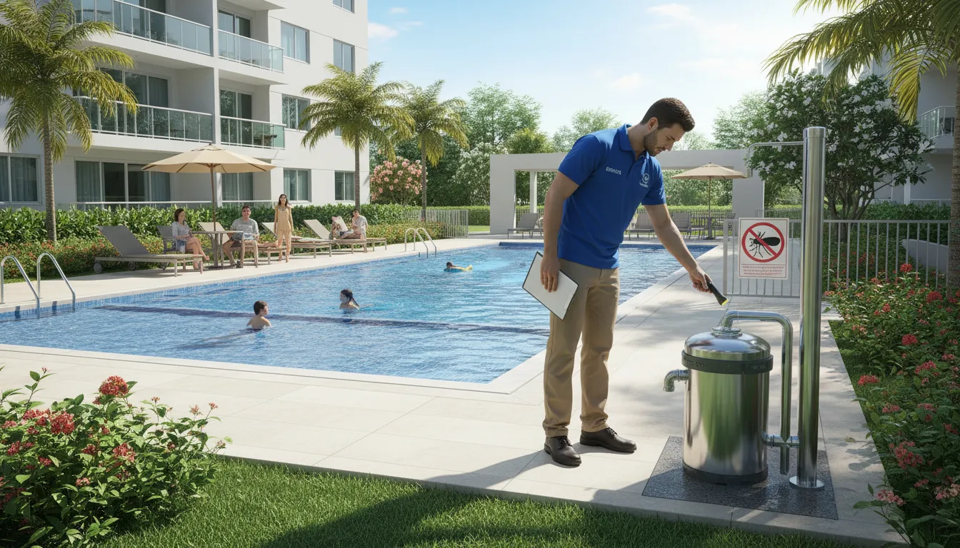 Como Proteger Seu Condomínio do mosquito Aedes aegypti: Profissional Detecta inspeciona área da piscina.