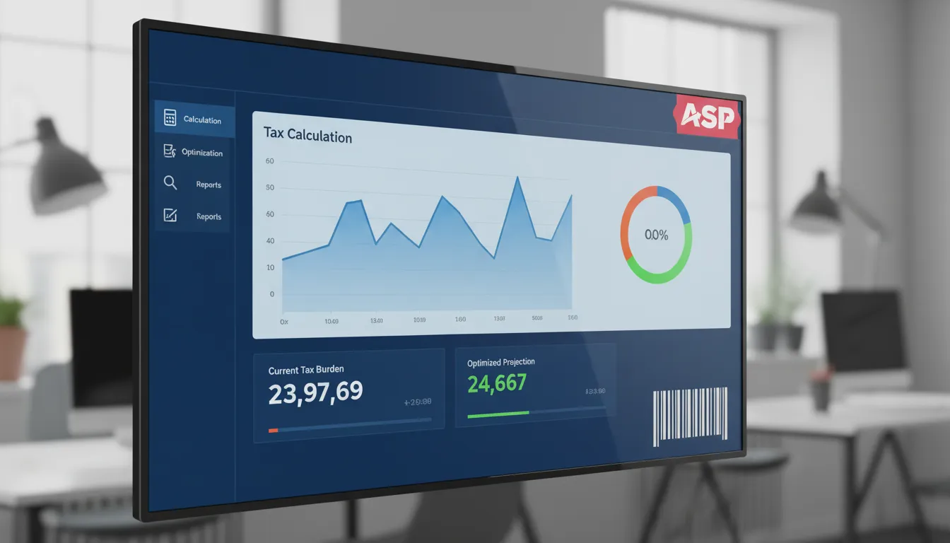 Close-up de uma interface de software mostrando cálculo e otimização de impostos em tempo real, com um código de barras estilizado representando a automação no sistema de regime tributário.