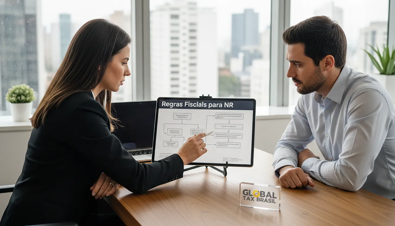 Consultor explicando mudanças fiscais para conta bancária não residente brasil, em escritório moderno.
