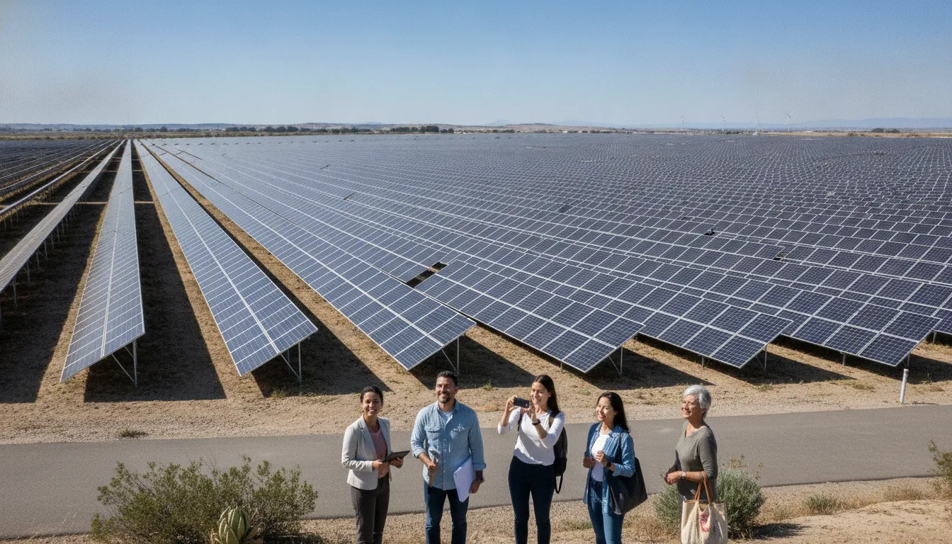 Pessoas observam fazenda solar, entendendo que energia solar por assinatura vale a pena.