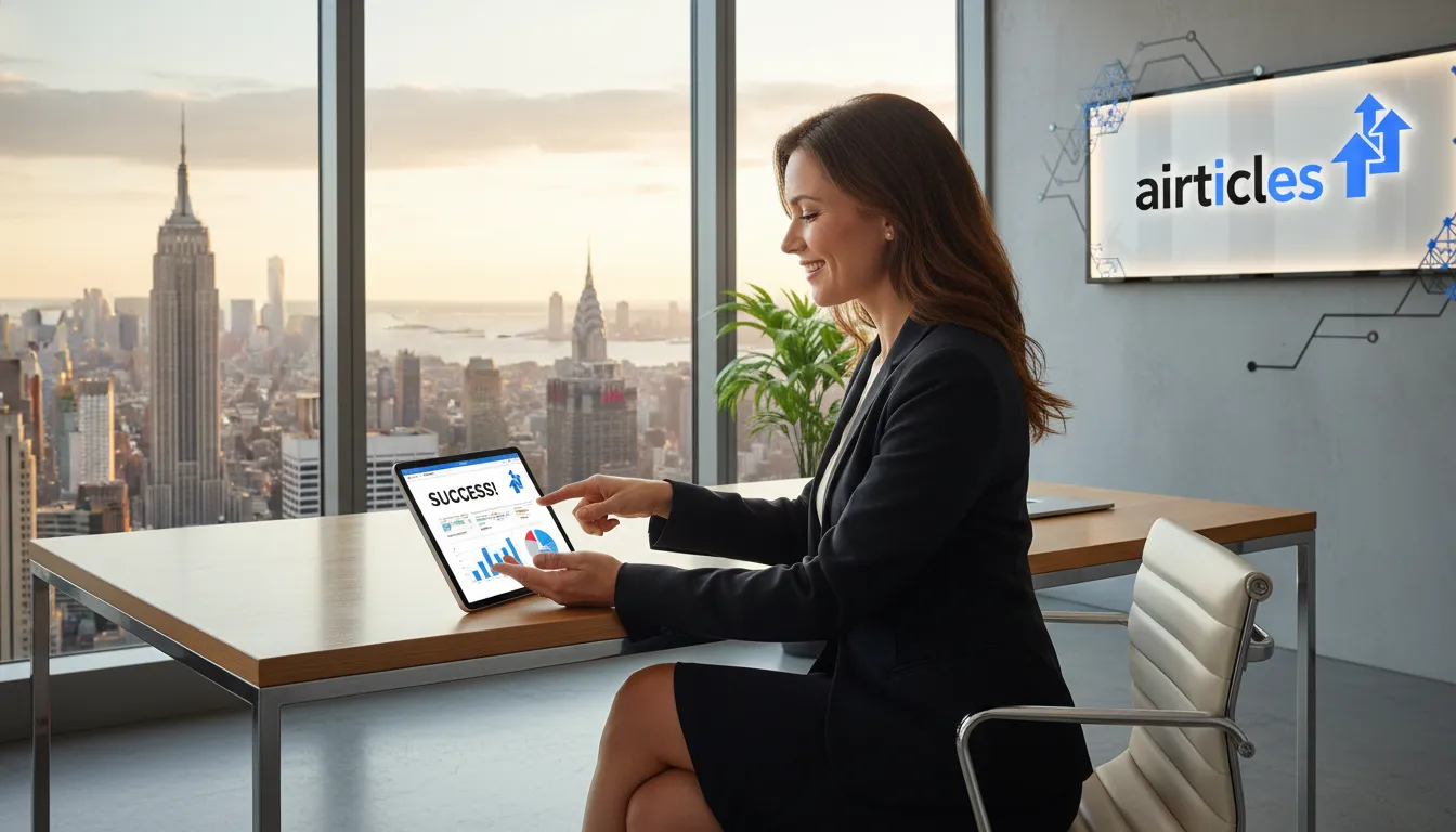 Executive reviewing Airticles campaign report, showing successful content marketing results by the AIOS Squad.