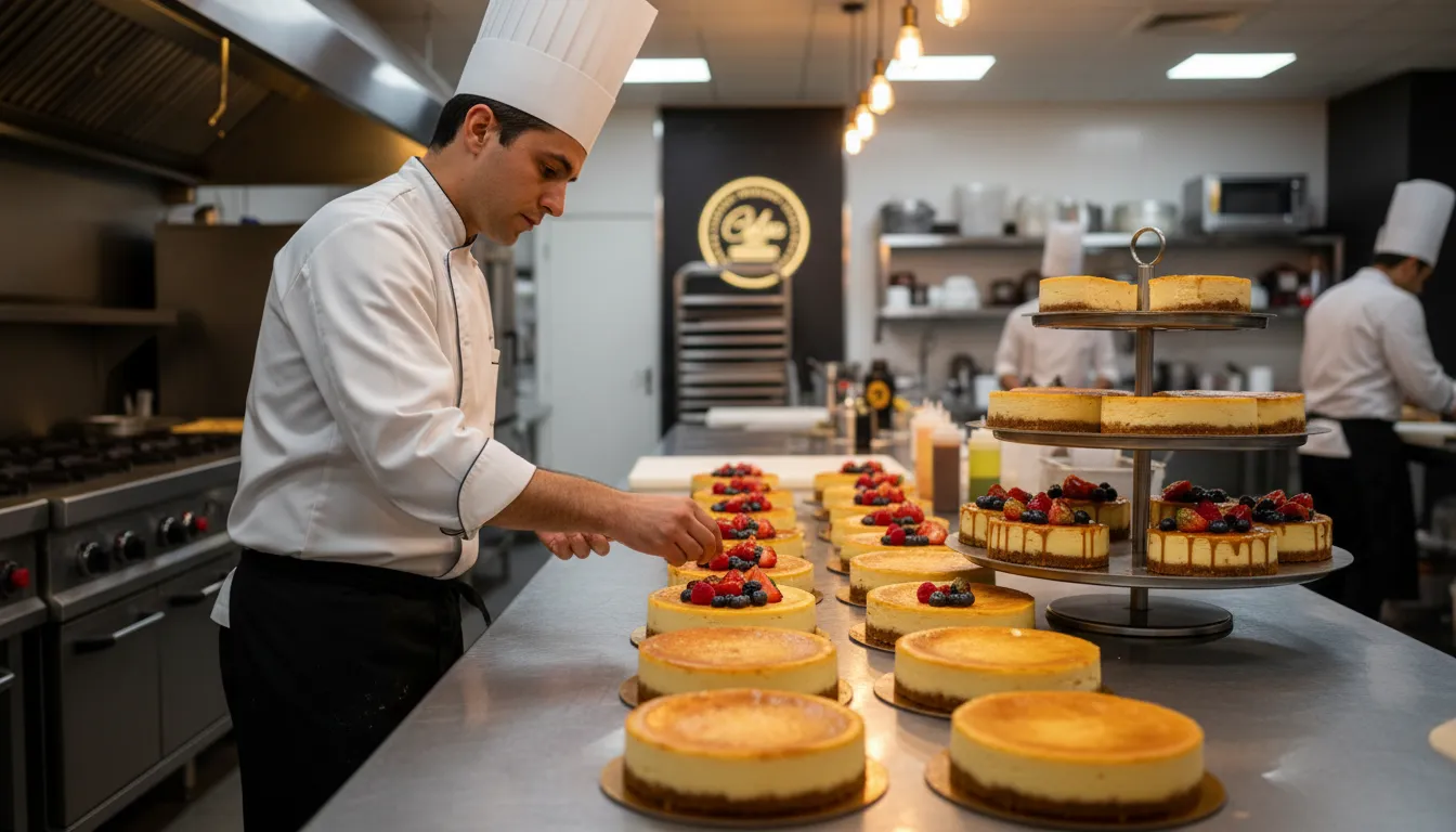 Chef finalizando cheesecakes artesanais para restaurantes, uma marca da Cheesecake Factory Brasil que inova desde 2004.