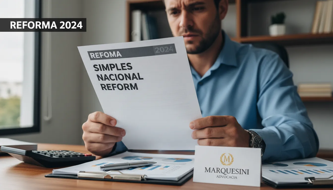 Empresário preocupado analisando documentos sobre a reforma tributária Simples Nacional, com cartão da Marquesini Advocacia visível, ilustrando desafios.