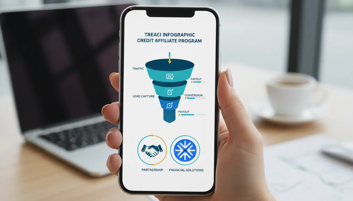 Close-up de celular exibindo infográfico sobre programa e funil para afiliado de crédito e parceria com a Financia Tudo.