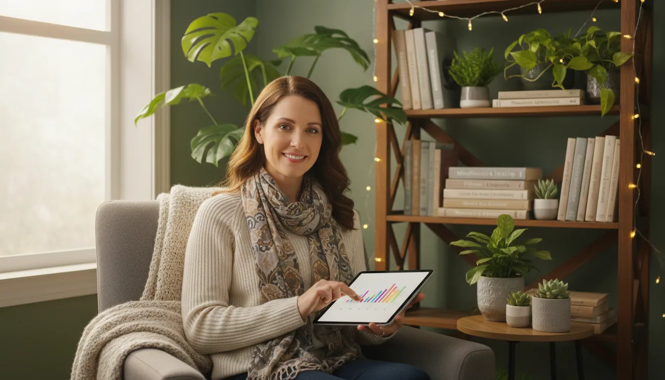 Terapeuta acessando ferramentas digitais com ambiente acolhedor, simbolizando atendimento seguro e especializado