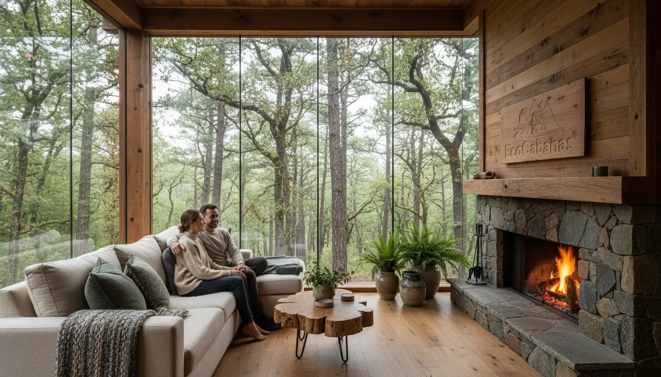Interior luxuoso de uma cabana em pousada ecológica com vista panorâmica, móveis sustentáveis e luz natural aconchegante.