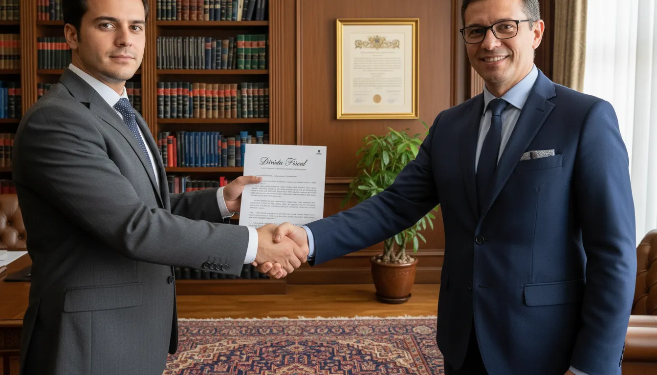 Aperto de mãos entre um empresário e um advogado, representando um acordo de transação tributária para dívidas fiscais.