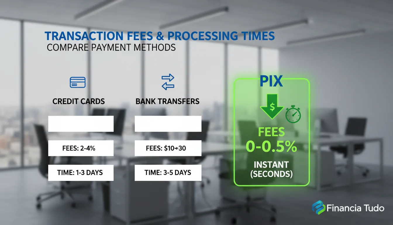 Infográfico comparando as taxas e tempos de processamento de diferentes métodos de pagamento, com destaque para o Pix como a opção mais rápida e econômica para empresas.