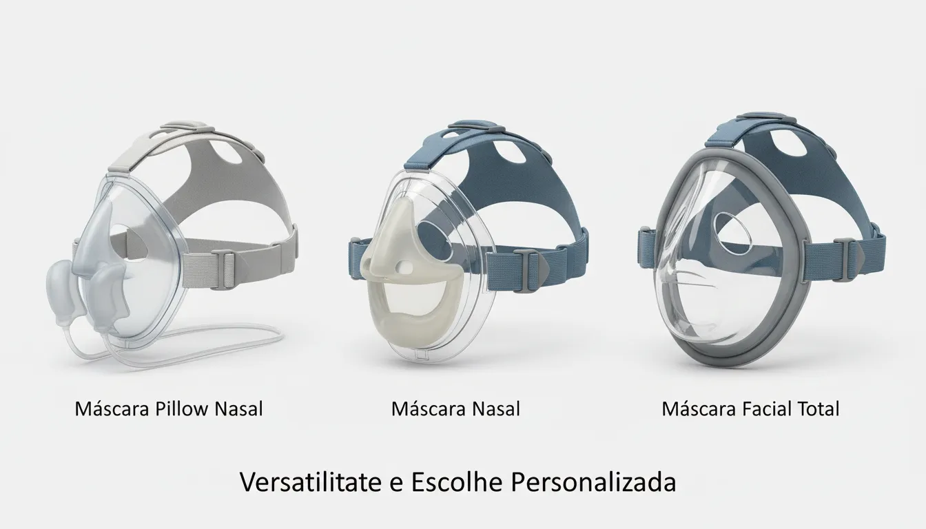 Tr&ecirc;s tipos de m&aacute;scaras CPAP em close, destacando diferentes formas e encaixes dispon&iacute;veis aos pacientes.