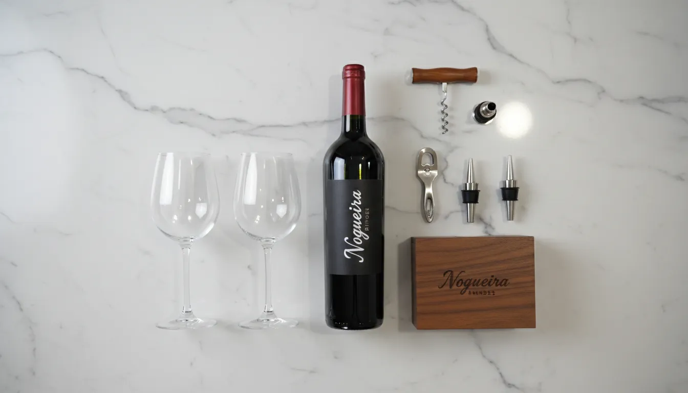 Visão de cima de um elegante kit vinho personalizado da Nogueira Brindes em uma bancada de mármore, um brinde ideal para parceiros.