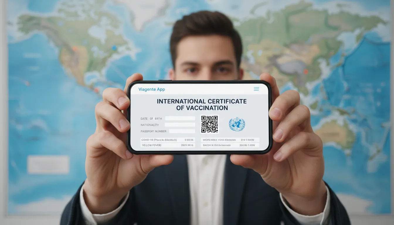 Pessoa exibindo a carteira internacional de vacinação digital em um smartphone, com o mapa-múndi ao fundo, ilustrando a facilidade de viajar com a Viagente.