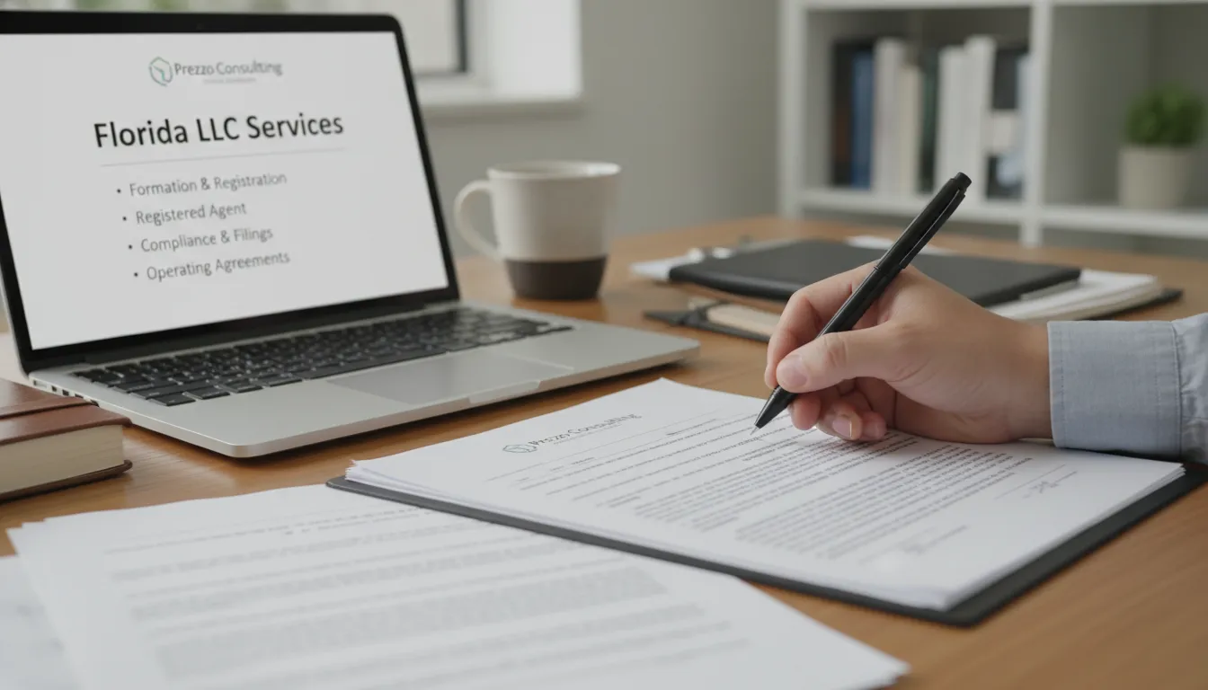 A close-up of signing documents, symbolizing the final steps in opening a LLC in Florida, facilitated by Prezzo Consulting.