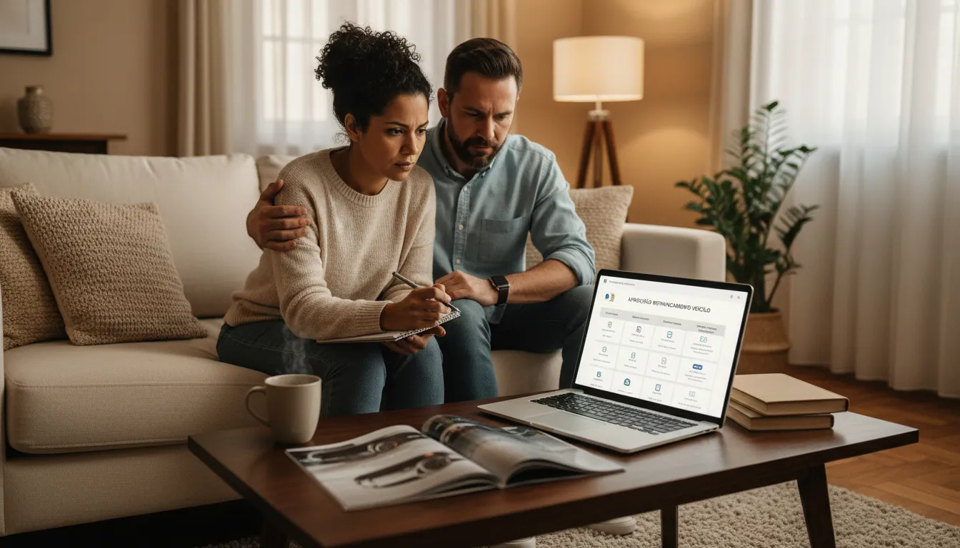 Casal avaliando opções de refinanciamento automotivo em laptop, buscando melhor aprovação refinanciamento veículo.