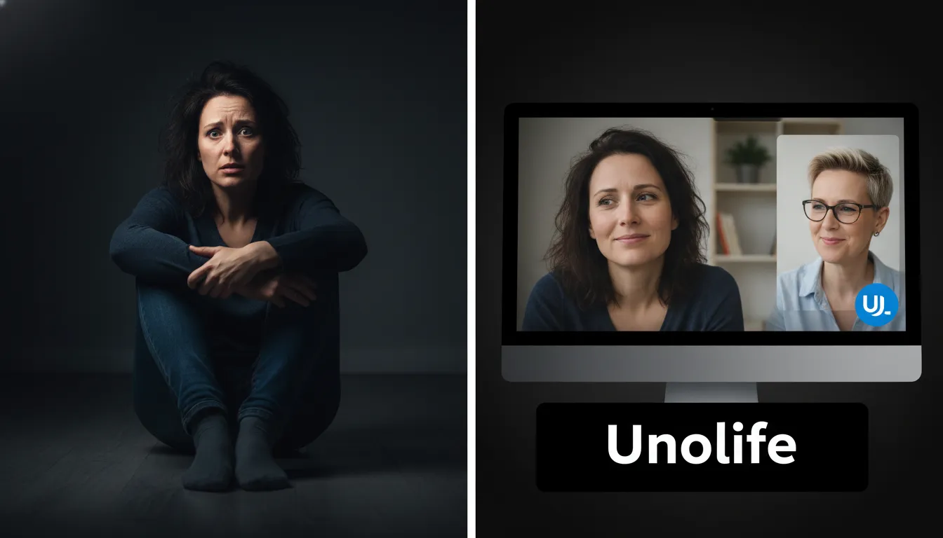 Imagem dividida mostrando isolamento e, em seguida, uma terapia online bem-sucedida pela Unolife, aliviando os sintomas de transtornos mentais.
