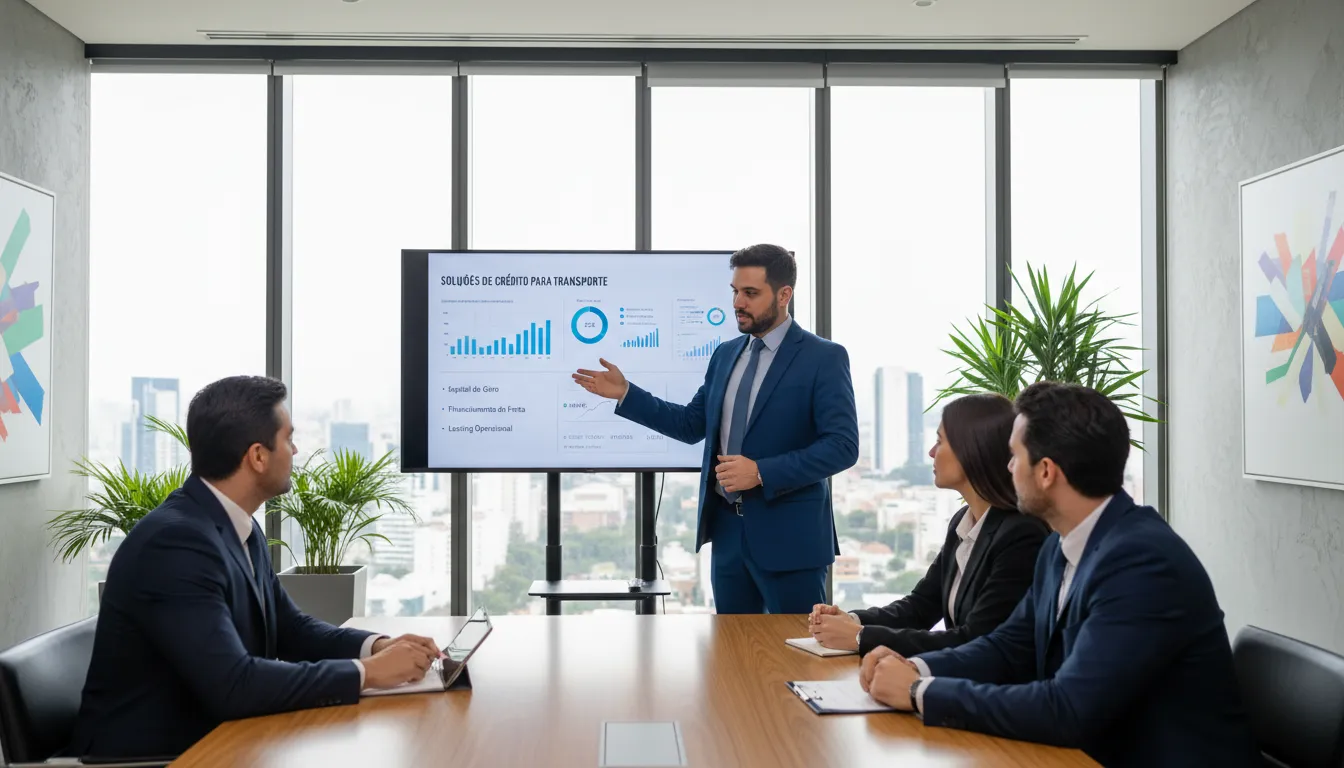 Consultor financeiro explicando opções de crédito para transportadores em ambiente moderno.