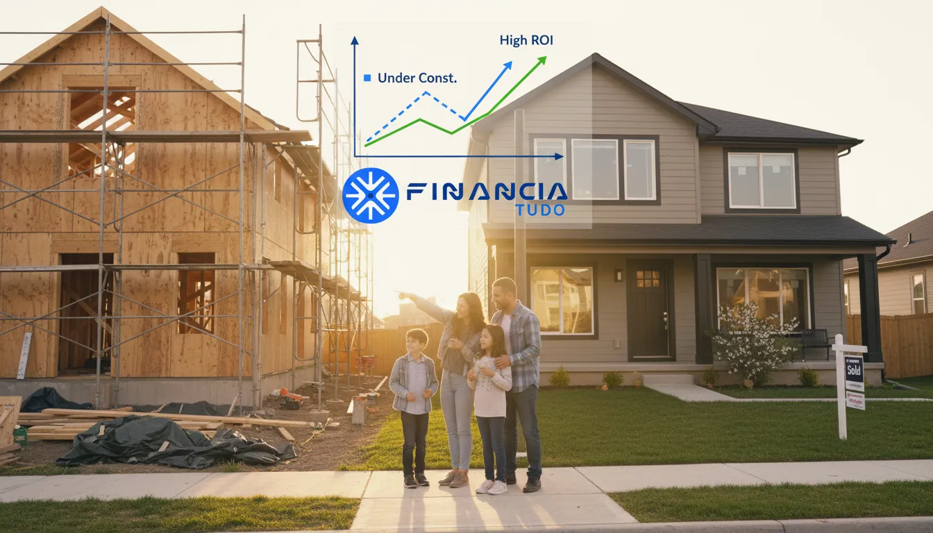 Família indecisa em frente a uma casa em construção e outra pronta, pensando em construir ou comprar imóvel.