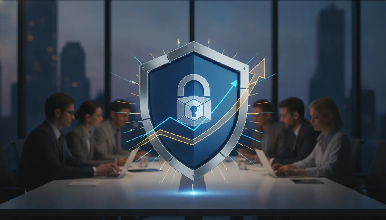 Escudo digital protege gráfico de crescimento, simbolizando governança corporativa e segurança de dados.