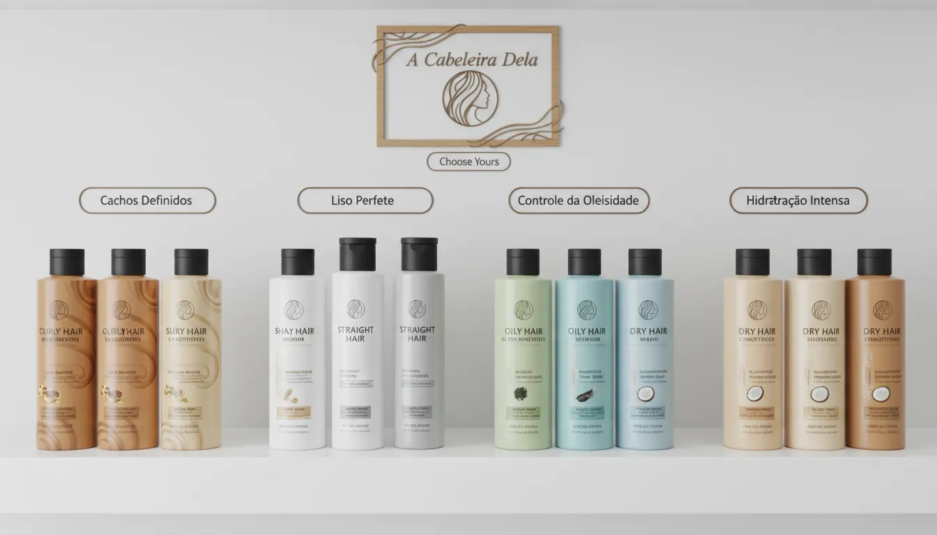 Seleção de shampoos e condicionadores para diferentes tipos de cabelo auxiliando em como escolher shampoo.
