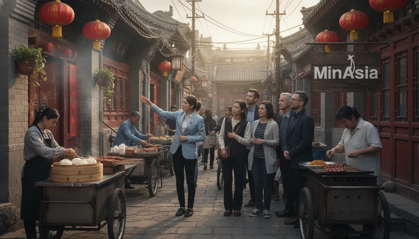 Rua movimentada nos Hutongs de Pequim, China, com vendedores de comida e turistas em um tour.