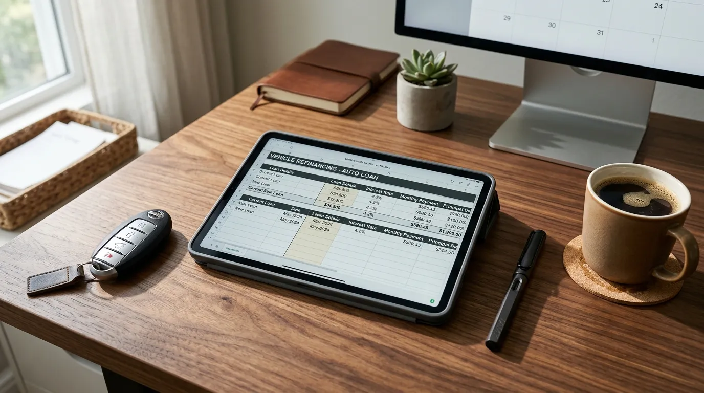 Chave de veículo e tablet exibindo planilha de refinanciamento de carro financiado sobre a mesa.