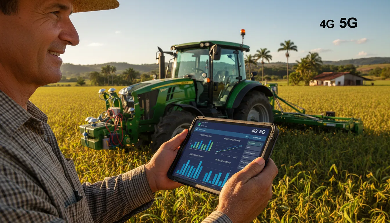 Produtor rural usando tablet ao lado de trator equipado com sensores IoT em ambiente agrícola conectado