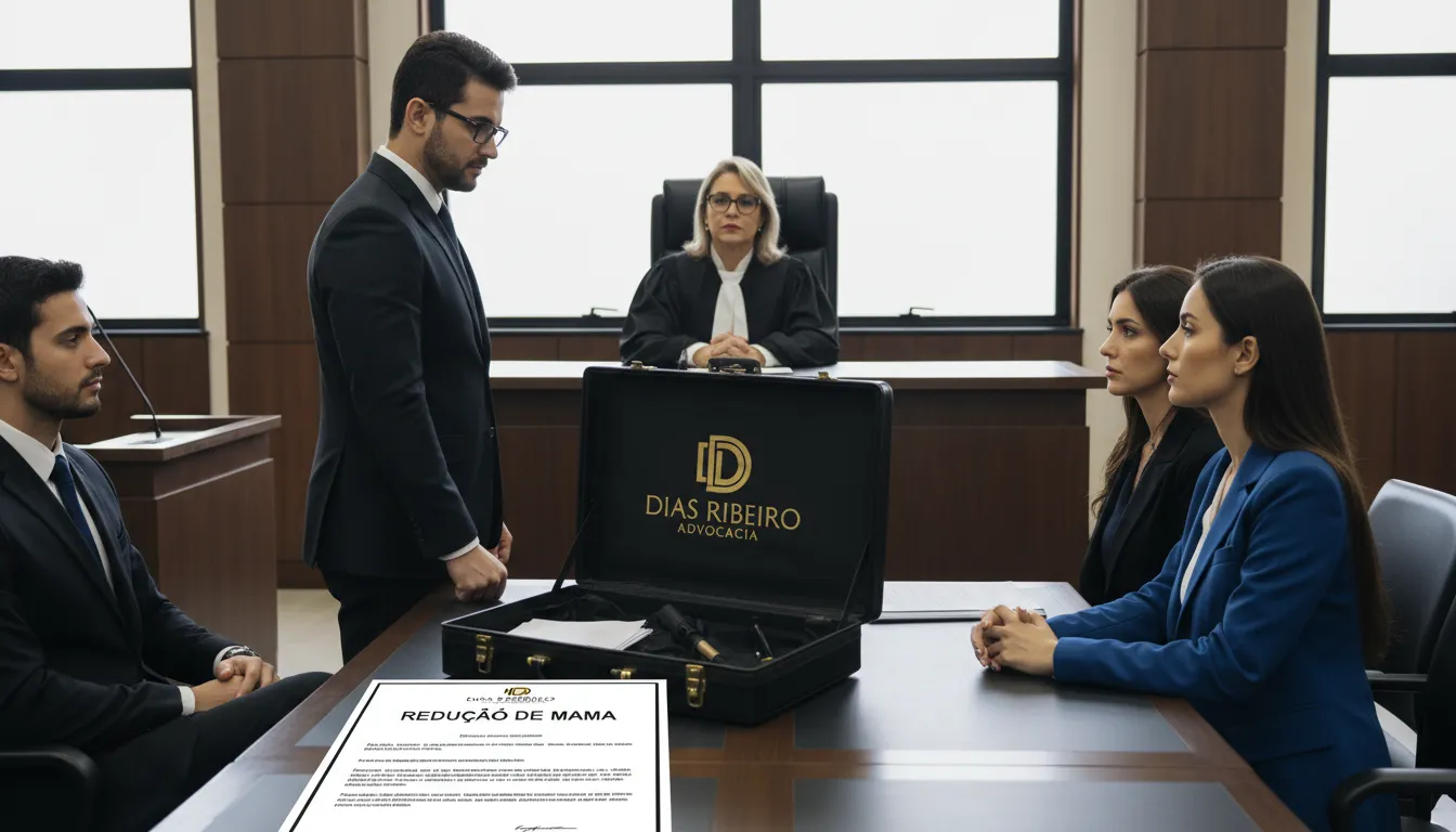 Cena de um tribunal com um juiz presidindo um caso sobre cobertura de plano de saúde para cirurgia de redução de mama, com a Dias Ribeiro Advocacia.